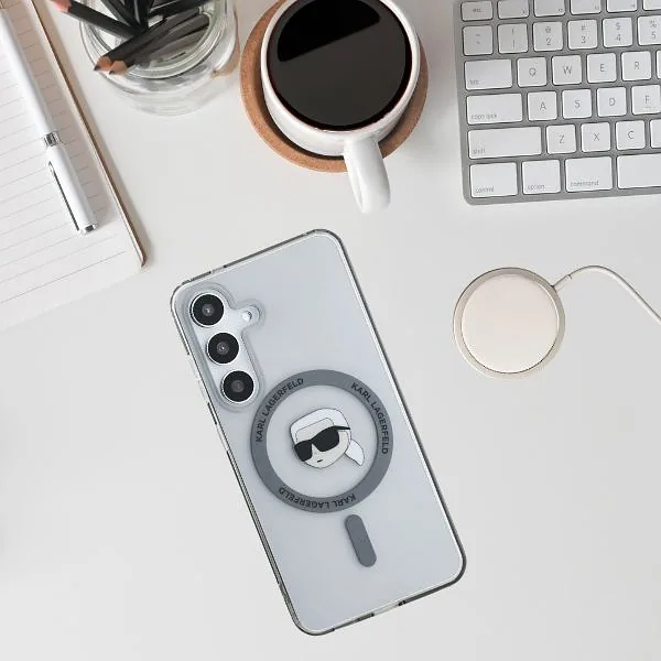 Karl Lagerfeldi peaga trükitud logo Button MagSafe kaitse Samsung Galaxy S25 must