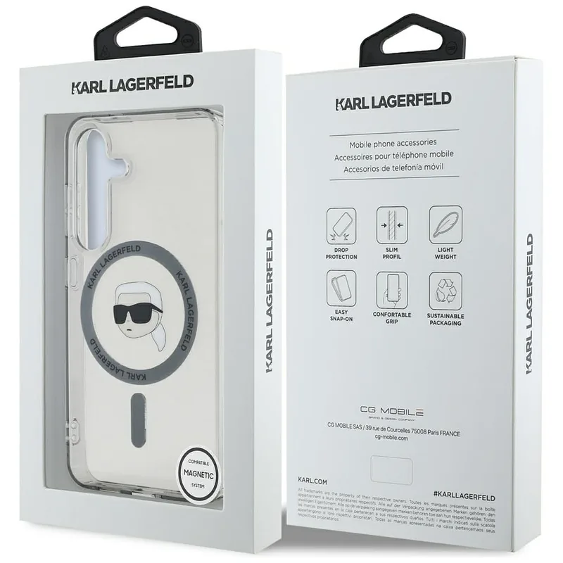 Karl Lagerfeldi peaga trükitud logo Button MagSafe kaitse Samsung Galaxy S25 must