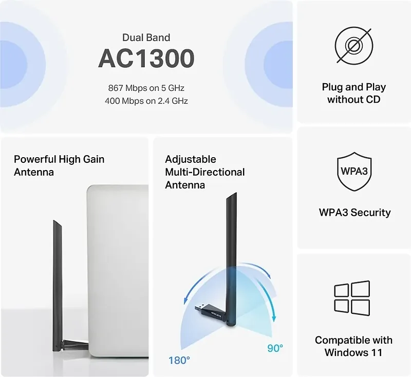 Mercusys AC1300 Kõrge Tugevusega Kahekanaliline WiFi-adapter