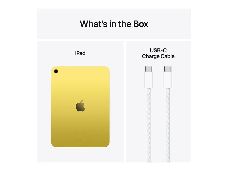 Apple, iPad, 11 “, Yellow, IPS, Liquid Retina, 2360 x 1640 pixels, Apple A16, 512 GB, Wi-Fi, Front camera, 12 MP, Rear camera, 12 MP, Bluetooth, 5.3, iPadOS, USB-C charging cable