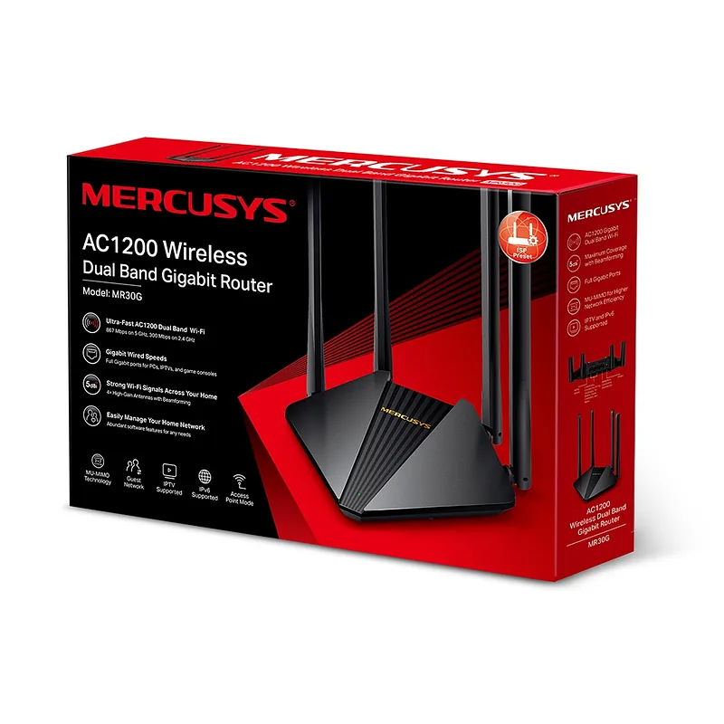 Mercusys, AC1200 Wireless Dual Band Gigabit Router, MR30G, 802.11ac, 867+300 Mbit/s, Ethernet LAN (RJ-45) ports 2× Gigabit LAN Ports, Mesh Support No, MU-MiMO Yes, Antenna type 4× 5 dBi Fixed Omni-Directional Antennas, 24 month(s)