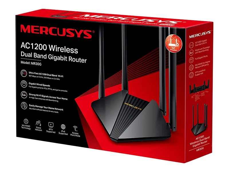 Mercusys, AC1200 Wireless Dual Band Gigabit Router, MR30G, 802.11ac, 867+300 Mbit/s, Ethernet LAN (RJ-45) ports 2× Gigabit LAN Ports, Mesh Support No, MU-MiMO Yes, Antenna type 4× 5 dBi Fixed Omni-Directional Antennas, 24 month(s)