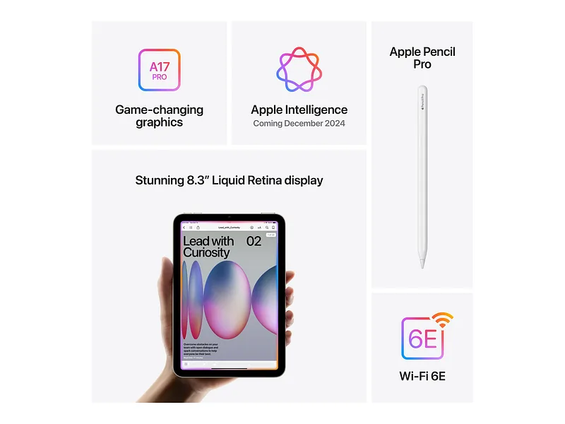 Apple, iPad mini, 8.3 “, Blue, IPS, 2266 x 1488 pixels, Apple A17 Pro, 512 GB, Wi-Fi, Front camera, 12 MP, Rear camera, 12 MP, Bluetooth, 5.3, iPadOS, USB-C charging cable