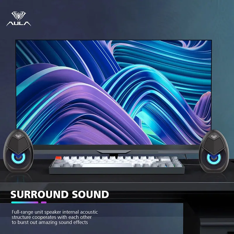 Aula N-69 Stylish Compact PC / Notebook 2.0 10W Stereo Speakers 3.5mm + USB RGB + Remote Black