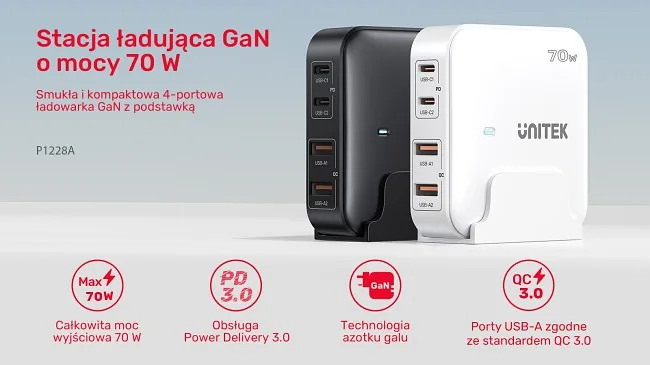 Unitek Ładowarka biurkowa GaN 70W 2xUSB-A 2xUSB-C