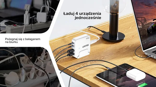 Unitek Ładowarka biurkowa GaN 70W 2xUSB-A 2xUSB-C