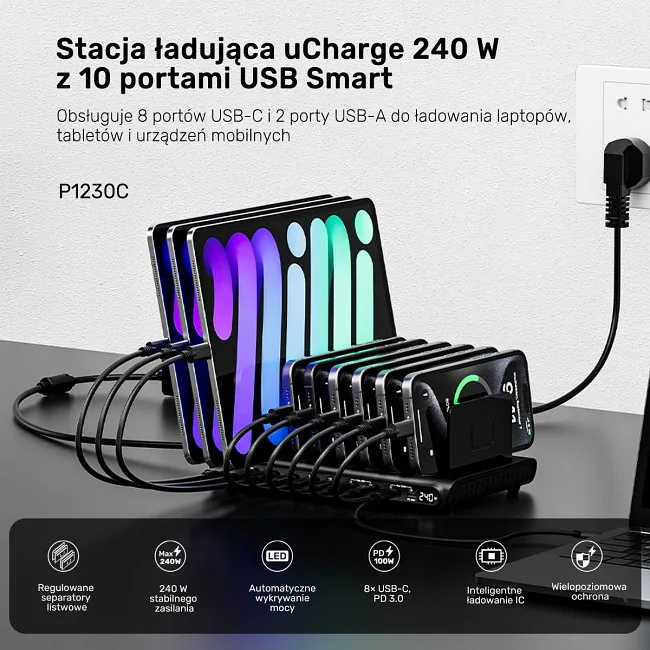 Unitek 10-portowa stacja ładowania USB-C i USB-A 240W