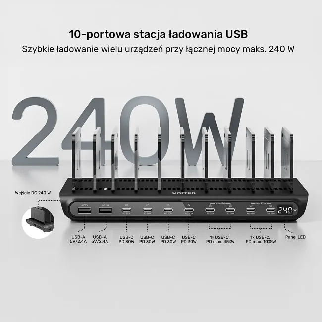 Unitek 10-portowa stacja ładowania USB-C i USB-A 240W