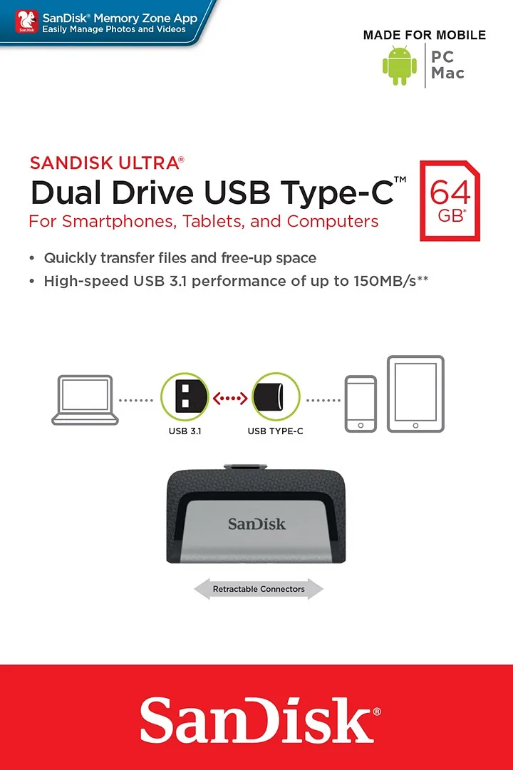 Sandisk Ultra Dual Drive USB Type-C USB flash drive 64 GB USB Type-A / USB Type-C 3.2 Gen 1 (3.1 Gen 1) Black,Silver