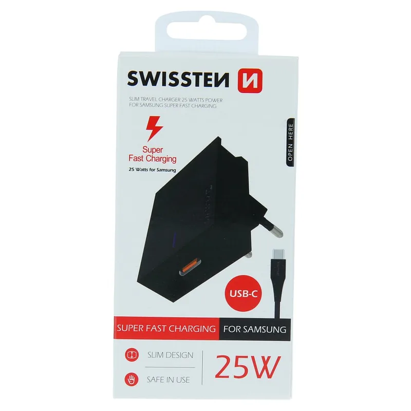 Swissten 25W Samsung Super Fast Charging Travel charger with 1.2m USB-C to USB-C cable