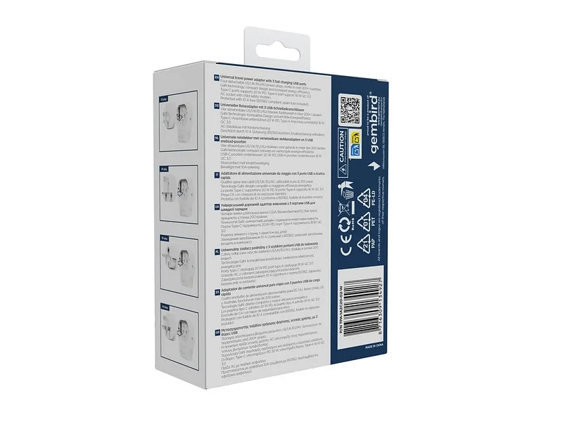Gembird TPA-1A2C20-02-W Universal travel power adapter, 20 W, white