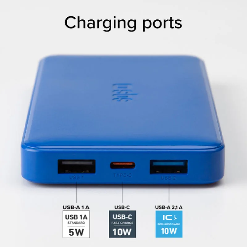 Energy storage SBS 10000mAh 10W Cyan USB 2.1A 10W, USB 1A 5W, USB-C 2.1A