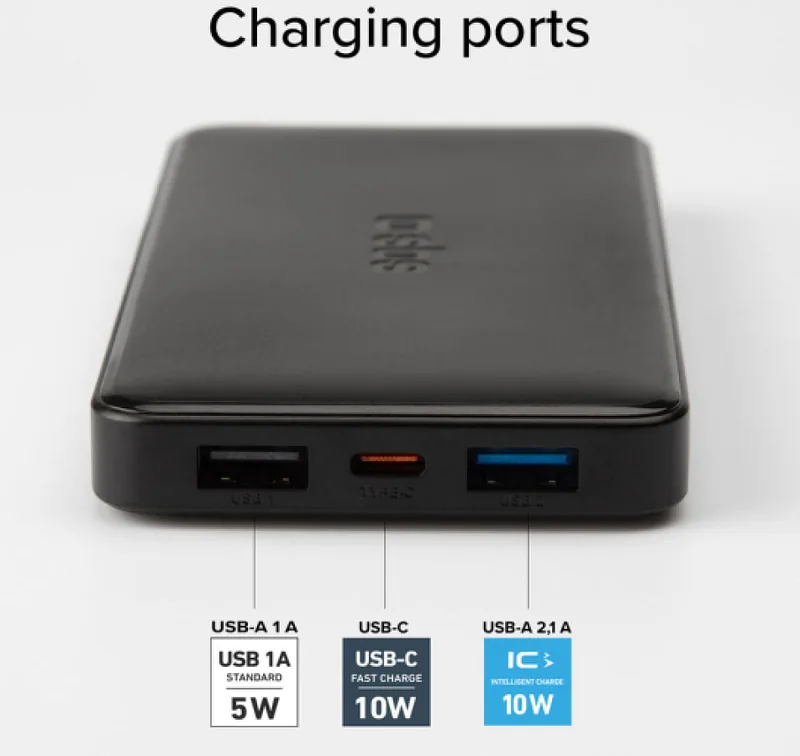 Energy storage SBS 10000mAh 10W Black USB 2.1A 10W, USB 1A 5W, USB-C 2.1A