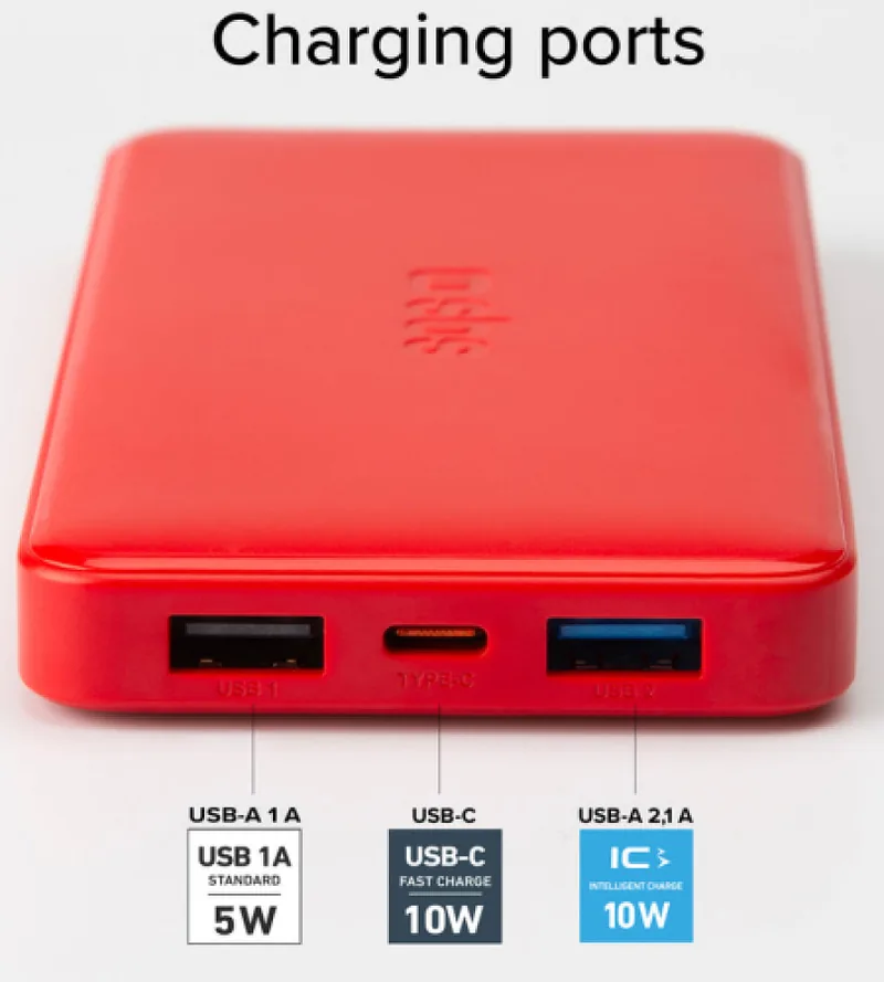 Energy storage SBS 10000mAh 10W Red USB 2.1A 10W, USB 1A 5W, USB-C 2.1A