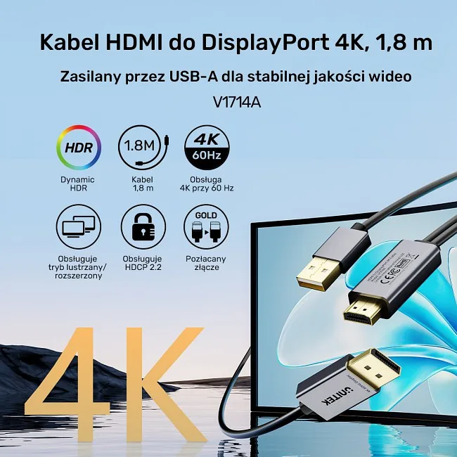 Unitek Kabel HDMI do DisplayPort 4K z zasilaniem USB-A | 4K@60Hz | HDR | 1,8 m