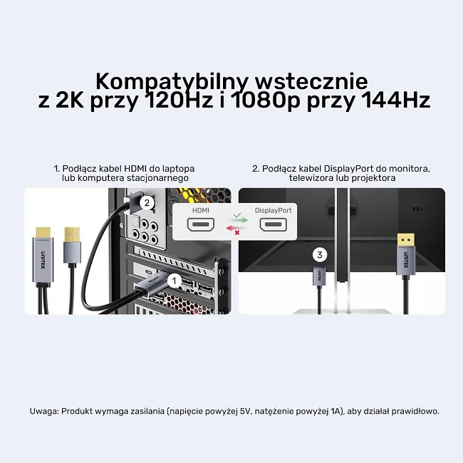 Unitek Kabel HDMI do DisplayPort 4K z zasilaniem USB-A | 4K@60Hz | HDR | 1,8 m