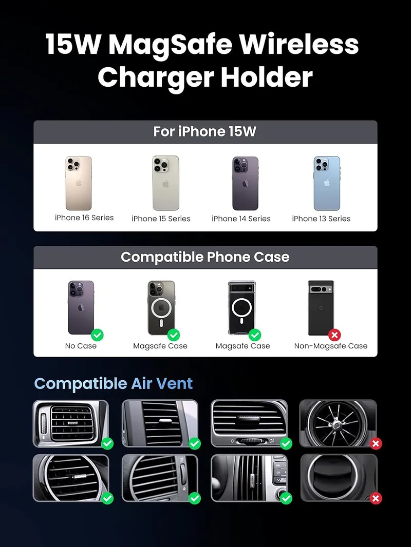 Ugreen W708 MagSafe 15W (35970) magnetic Car charger / holder Black