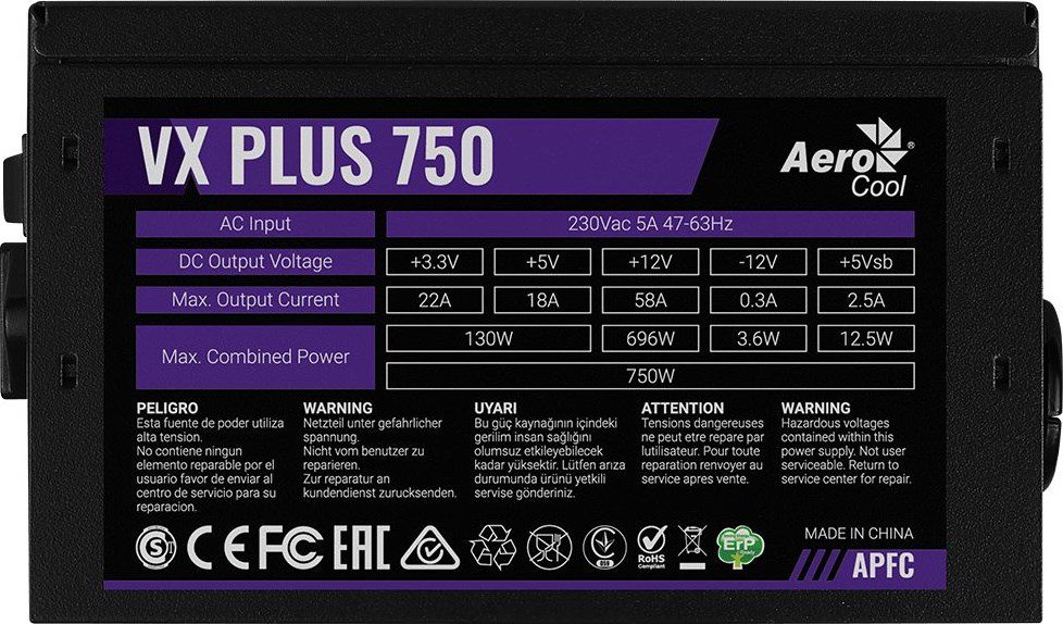 POWER SUPPLY AEROCOOL PGS VX-750PLUS 750W 80+ BOX