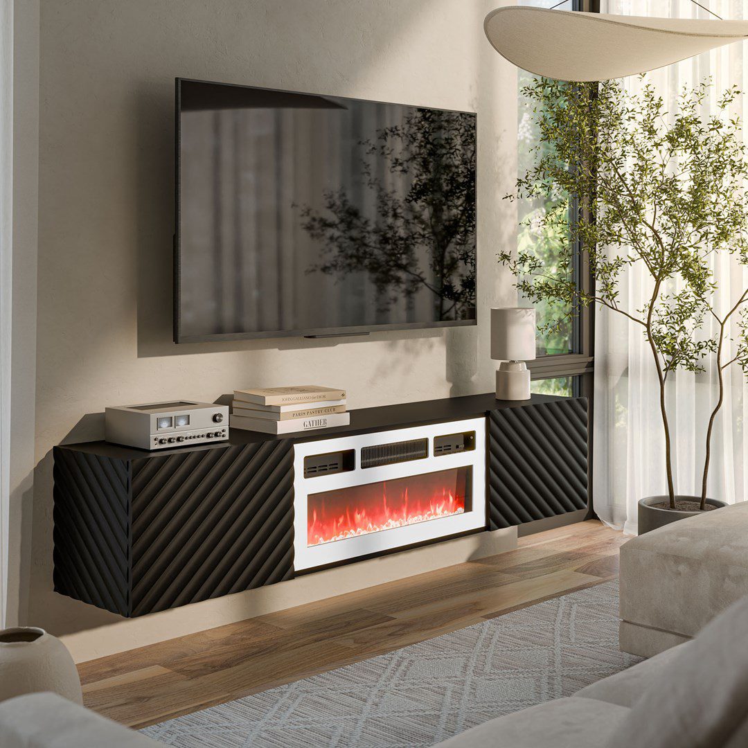 Cama RTV cabinet LARA 183x35x37 black matt + white fireplace