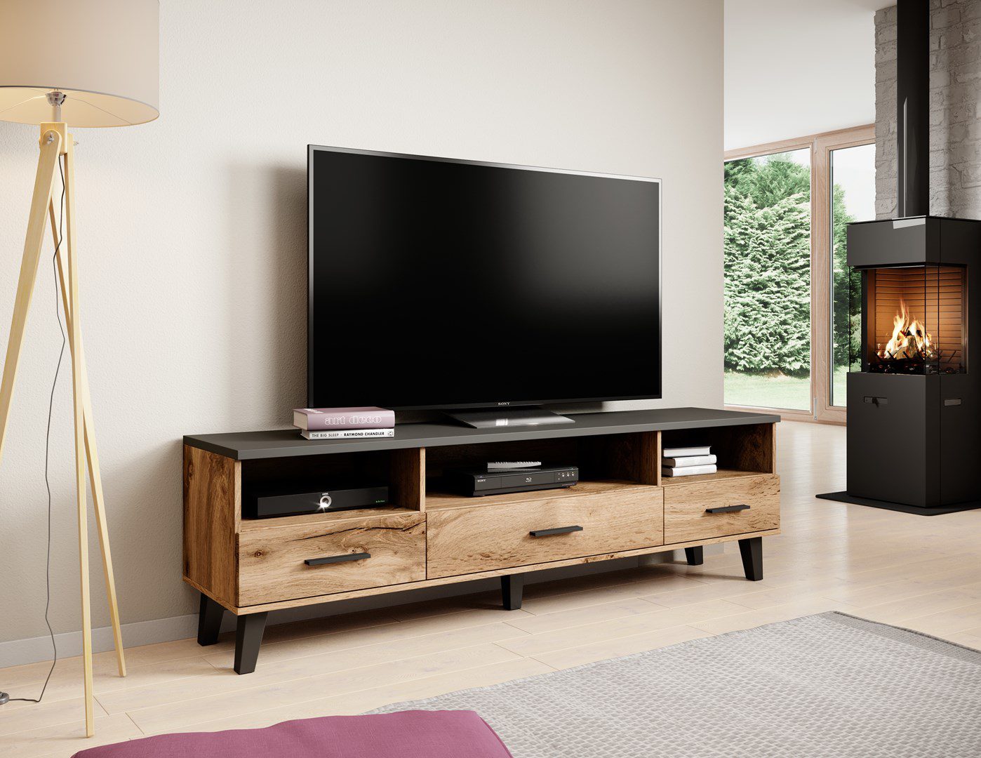 Cama RTV stand LOTTA 180cm wotan oak + mat black