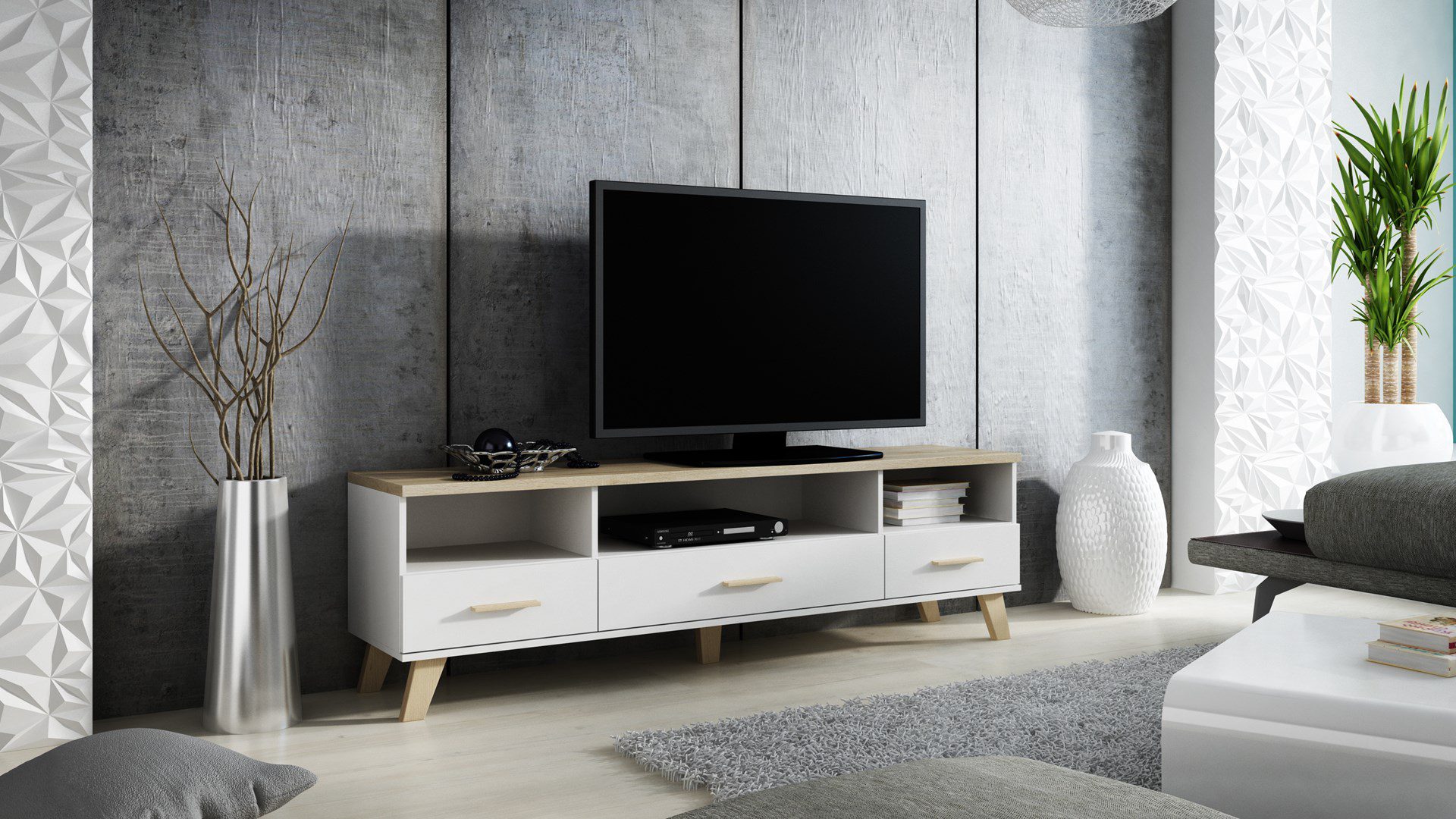 Cama RTV stand LOTTA 180cm white + sonoma oak