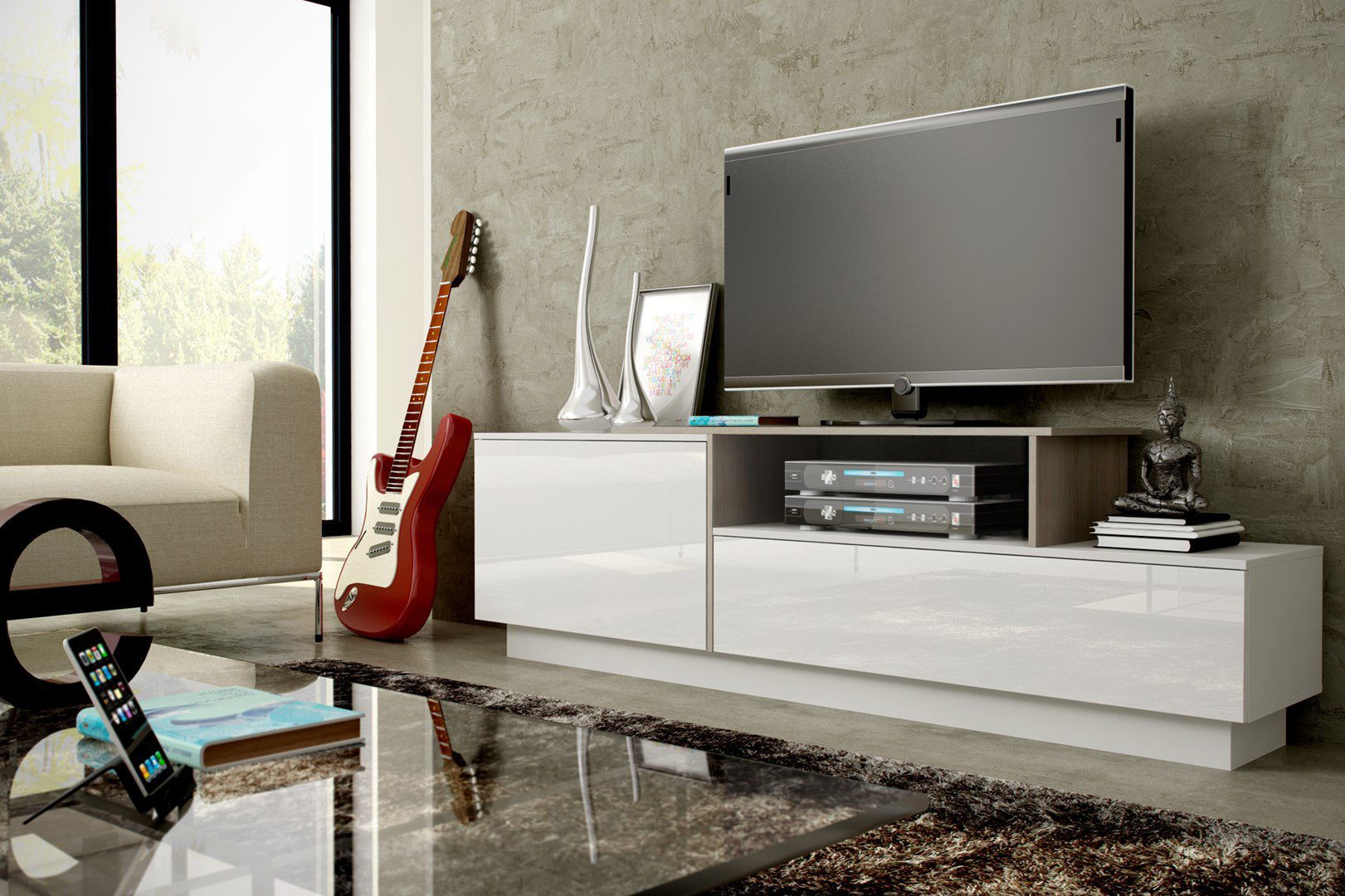 Cama TV cabinet SIGMA 3 180 white/white gloss + sonoma oak