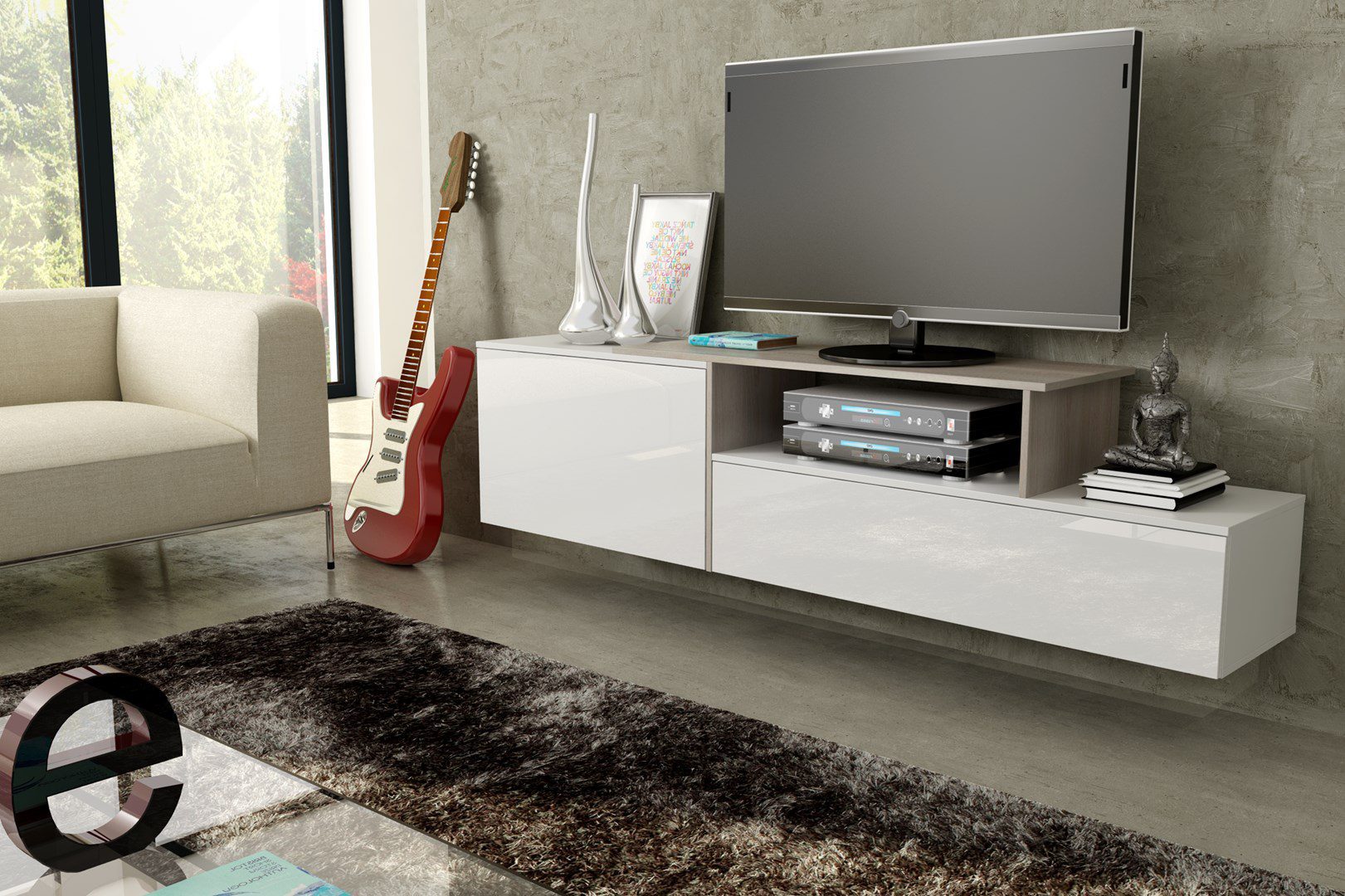 Cama TV cabinet SIGMA 3 180 white/white gloss + sonoma oak