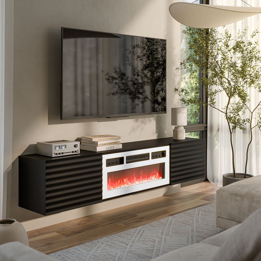 Cama RTV cabinet TULA 183x35x37 black matt + white fireplace