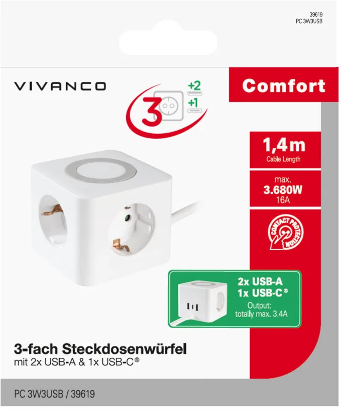 Vivanco  harupistik Power Cube 3-Way USB-A/C 1, 4m (39619)