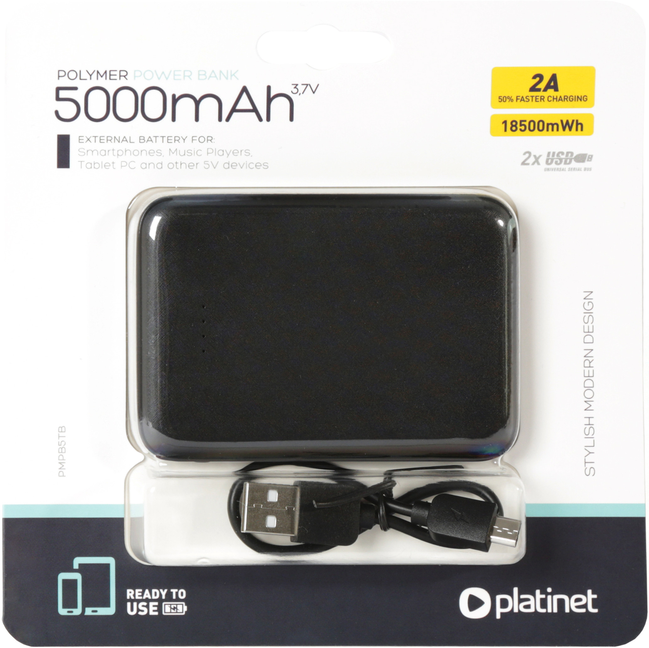 Platinet  akupank 5000mAh Polymer, must (44815)