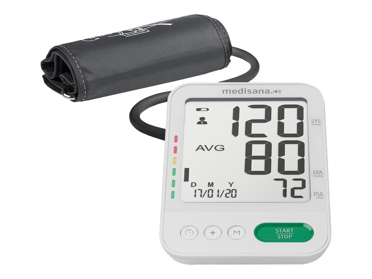 Medisana, Voice  Blood Pressure Monitor, BU 586, Memory function, Number of users 2 user(s), Memory capacity 	120 memory slots, White, 4, Voice output in national language selectable: DE, GB, NL, FR, IT, TR. Blood pressure classification – classification of measured values with traffic light colour scale. Indication of irregular heartbeat, Upper Arm