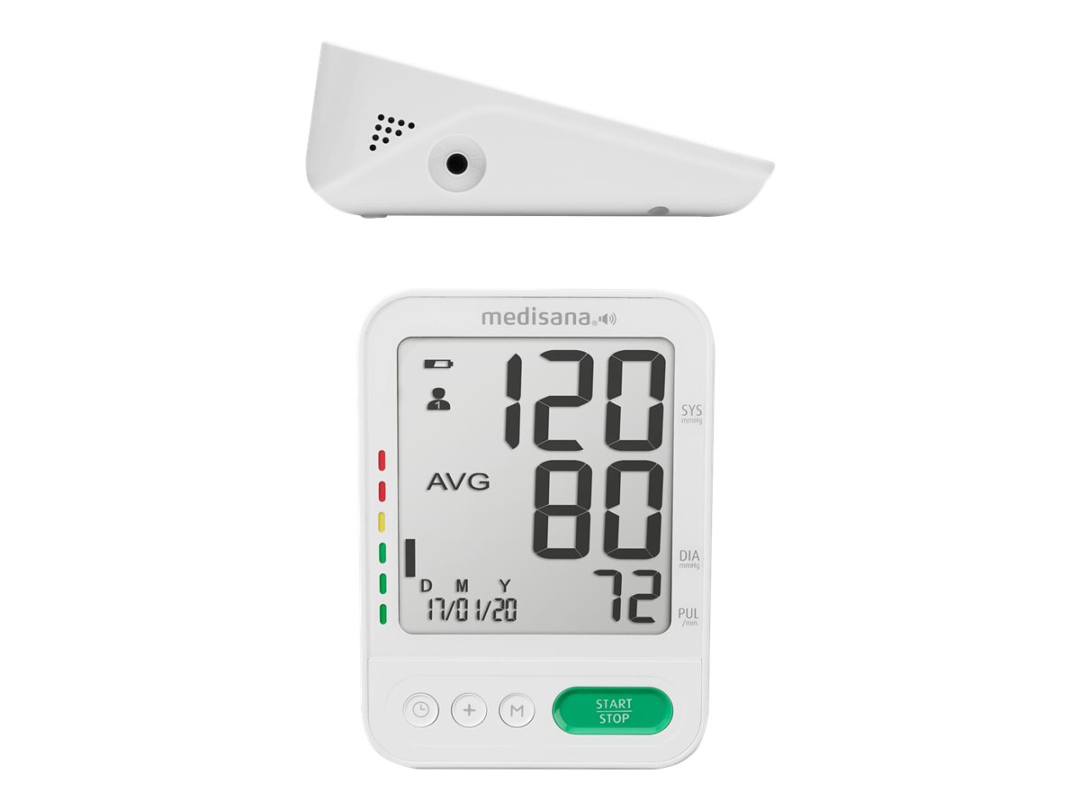 Medisana, Voice  Blood Pressure Monitor, BU 586, Memory function, Number of users 2 user(s), Memory capacity 	120 memory slots, White, 4, Voice output in national language selectable: DE, GB, NL, FR, IT, TR. Blood pressure classification – classification of measured values with traffic light colour scale. Indication of irregular heartbeat, Upper Arm