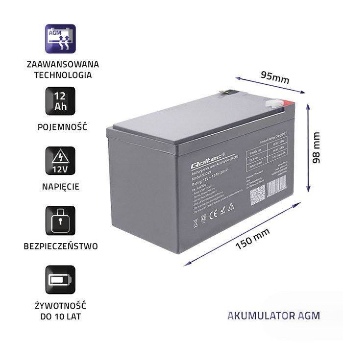 QOLTEC AGM battery 12V 12Ah