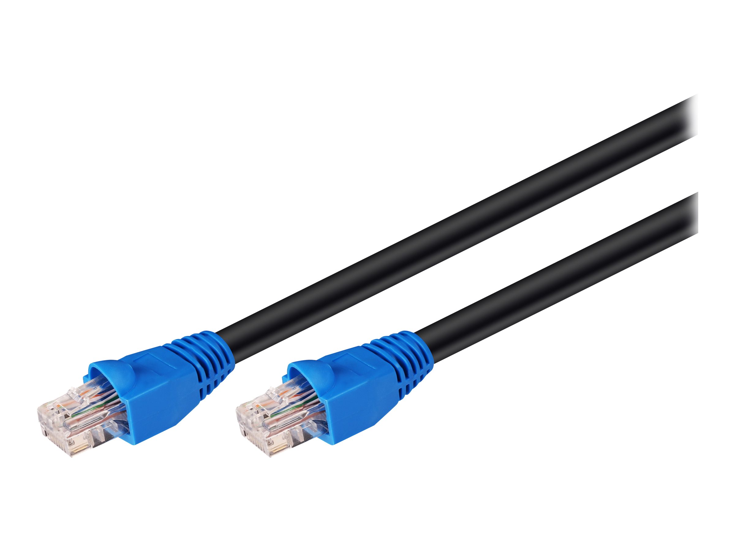 CAT 6 Outdoor-patch cable U/UTP, 94389, Prewired, unshielded LAN cable with RJ45 plugs for connecting network components; Double-layer polyethylene jacket protects the network cable outdoors and makes it extremely weather-resistant; The outdoor Ethernet cable is ideal for the garden, balcony, camping, building facades and surveillance cameras; High-quality copper-clad aluminium wire (CCA) and gold-plated contacts guarantee an excellent, powerful network connection; Latch protection on the RJ45 connector prevents the latch from snagging or breaking off, helping to provide a reliable internet connection; CAT 6 outdoor cable is suitable for Gigabit Ethernet with speeds of up to 10/100/1000 Mbit/s, Black, 10 m