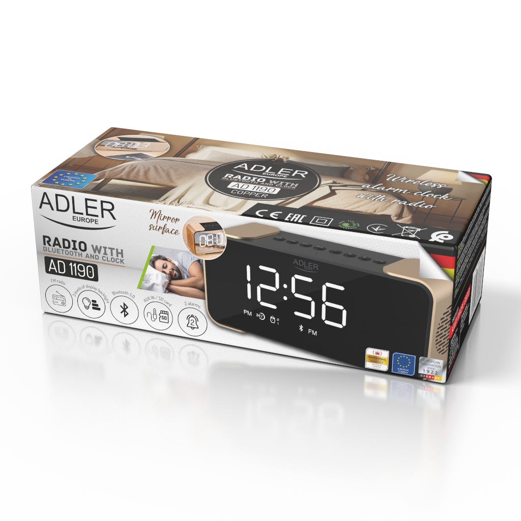 Adler, AD 1190, Wireless alarm clock with radio, W, AUX in, Copper/Black, Alarm function