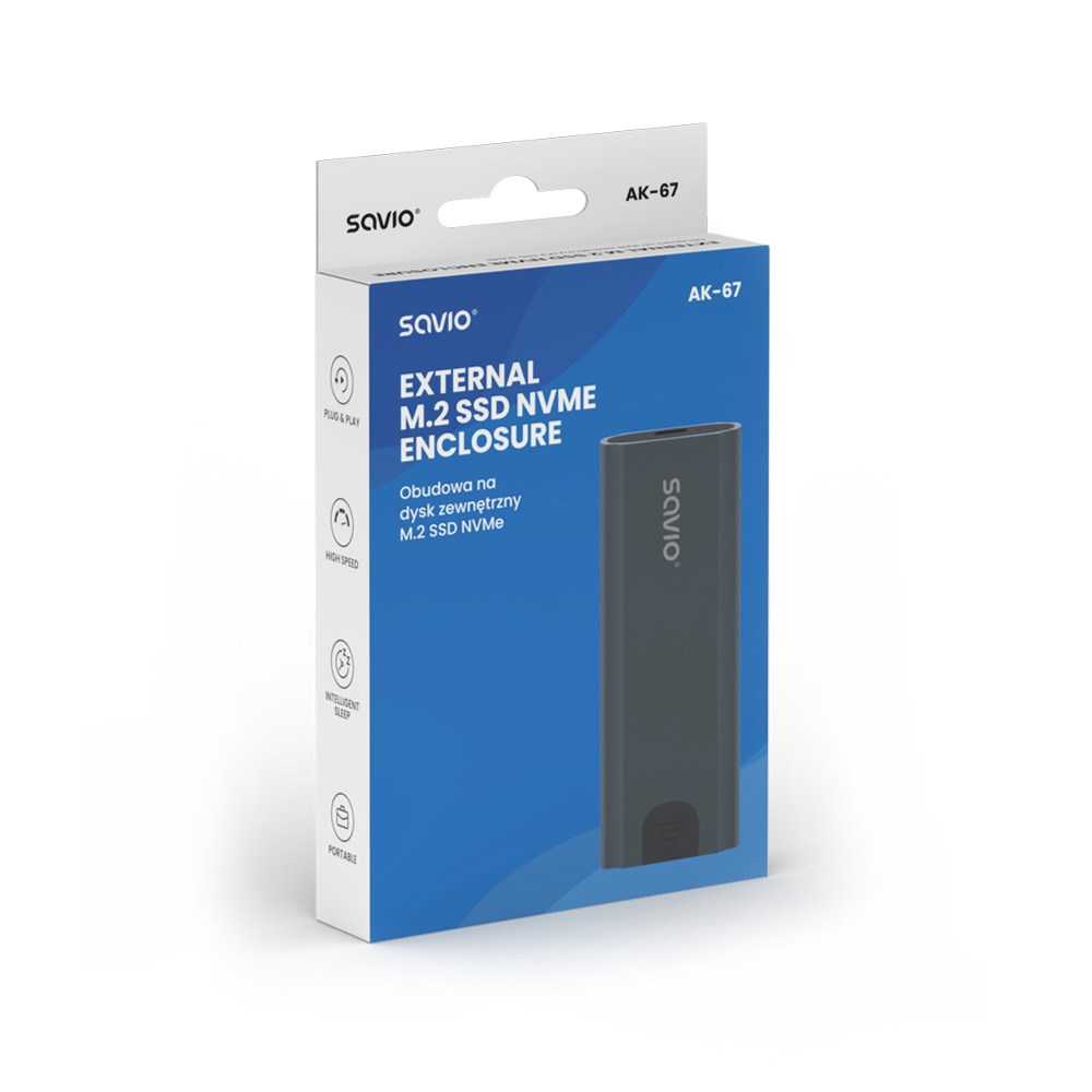 Savio M.2 SSD NVMe external drive enclosure, USB-C 3.1, AK-67, grey