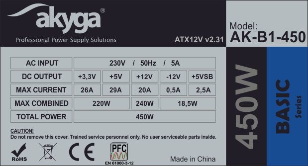 Akyga AK-B1-450 power supply unit 450 W 20+4 pin ATX ATX Grey