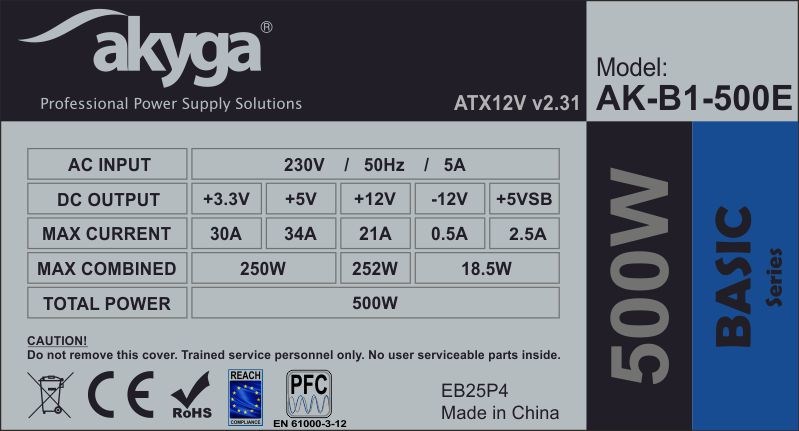 Akyga AK-B1-500E power supply unit 500 W 20+4 pin ATX ATX Grey