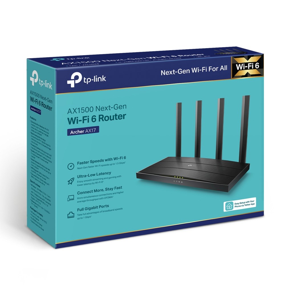 AX1500 Wi-Fi 6 Router, Archer AX17, 802.11ax, 10/100/1000 Mbit/s, Ethernet LAN (RJ-45) ports 3, Mesh Support Yes, MU-MiMO Yes, No mobile broadband, Antenna type Fixed