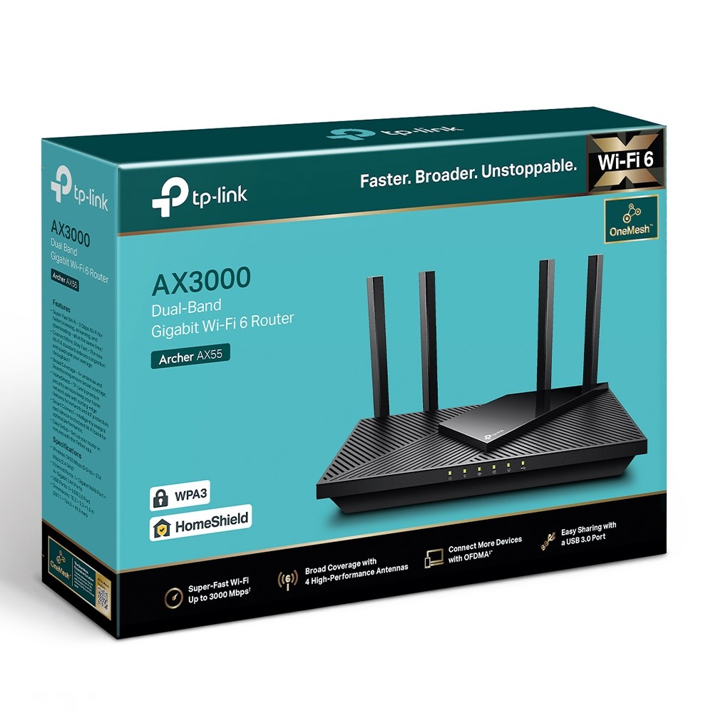 Dual Band Wi-Fi 6 Router, Archer AX55 AX3000, 802.11ac, 10/100/1000 Mbit/s, Ethernet LAN (RJ-45) ports 4, Mesh Support Yes, MU-MiMO No, No mobile broadband, Antenna type 4x fixed