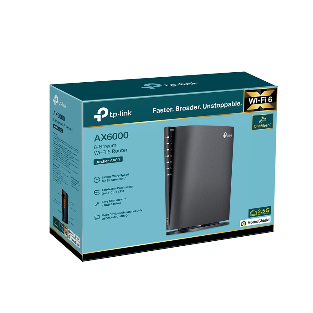 AX6000 8-Stream Wi-Fi 6 Router with 2.5G Port, Archer AX80, 802.11ax, 10/100/1000 Mbit/s, Ethernet LAN (RJ-45) ports 3, Mesh Support Yes, MU-MiMO Yes, No mobile broadband, Antenna type Internal, 1× USB 3.0 Port