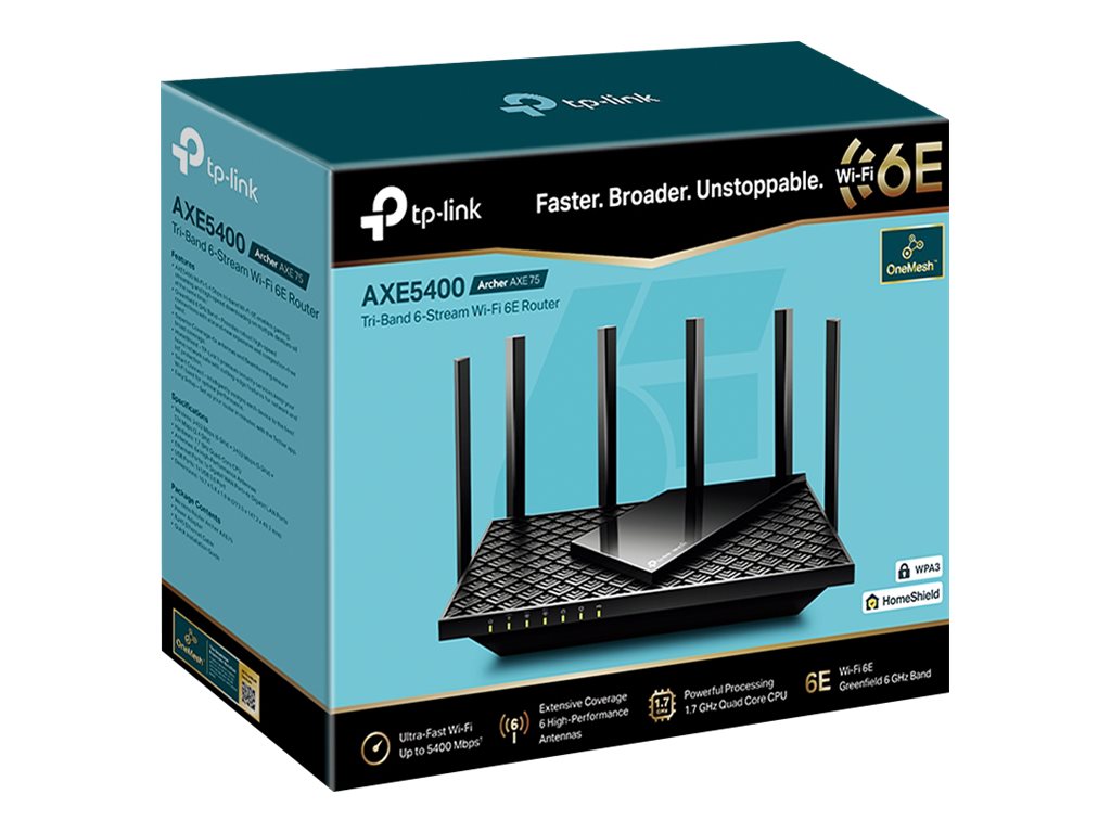 AXE5400 Tri-Band Gigabit Wi-Fi 6E Router, Archer AXE75, 802.11ax, 10/100/1000 Mbit/s, Ethernet LAN (RJ-45) ports 4, Mesh Support Yes, MU-MiMO No, No mobile broadband, Antenna type External, 1