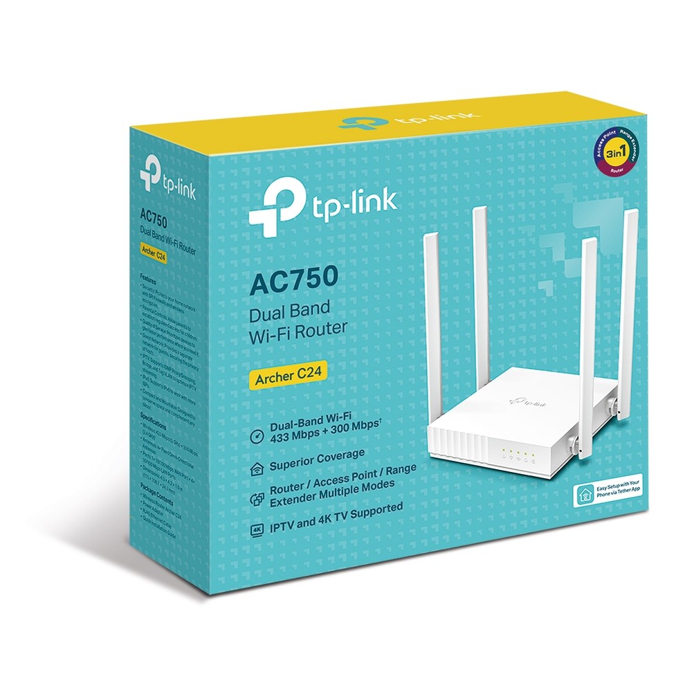 Dual Band Router, Archer C24, 802.11ac, 300+433 Mbit/s, 10/100 Mbit/s, Ethernet LAN (RJ-45) ports 4, Mesh Support No, MU-MiMO Yes, No mobile broadband, Antenna type 4xFixed