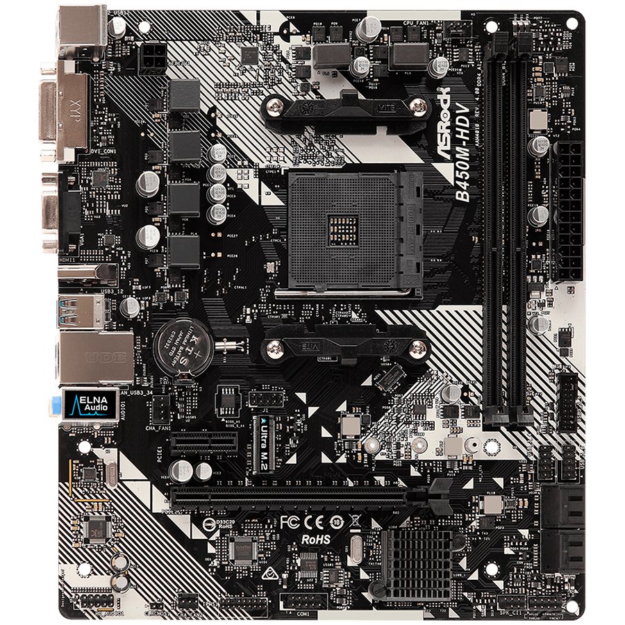 ASROCK  Main Board Desktop B450M-HDV R4.0 (SAM4, 2xDDR4, 1xPCI 3.0x16, 1xPCI Ex1, SATA III, 1xM.2, 1xUlraM.2, USB3.0, GLAN, VGA, DVI, HDMI, ) mATX Retail