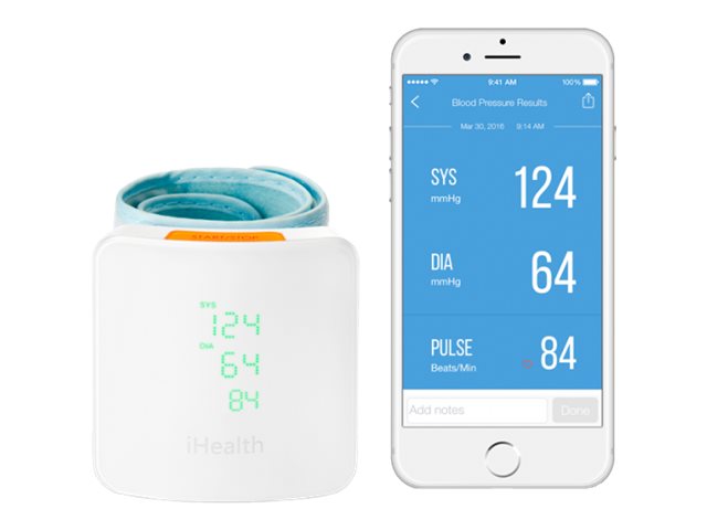 iHealth, Wrist Blood Pressure Monitor, BP7S, White, Blood pressure readings are stored on the secure, free, HIPAA compliant  Cloud. Monitor blood pressure and pulse trends with intuitive charts and share data with your doctor in PDF or spreadsheet format right from your smartphone, tablet or computer. Wireless communication: Bluetooth V3.0+EDR Class 2 SPP. Measuring method: Oscillometric, automatic inflation and measurement., Wireless, Weight 105 g