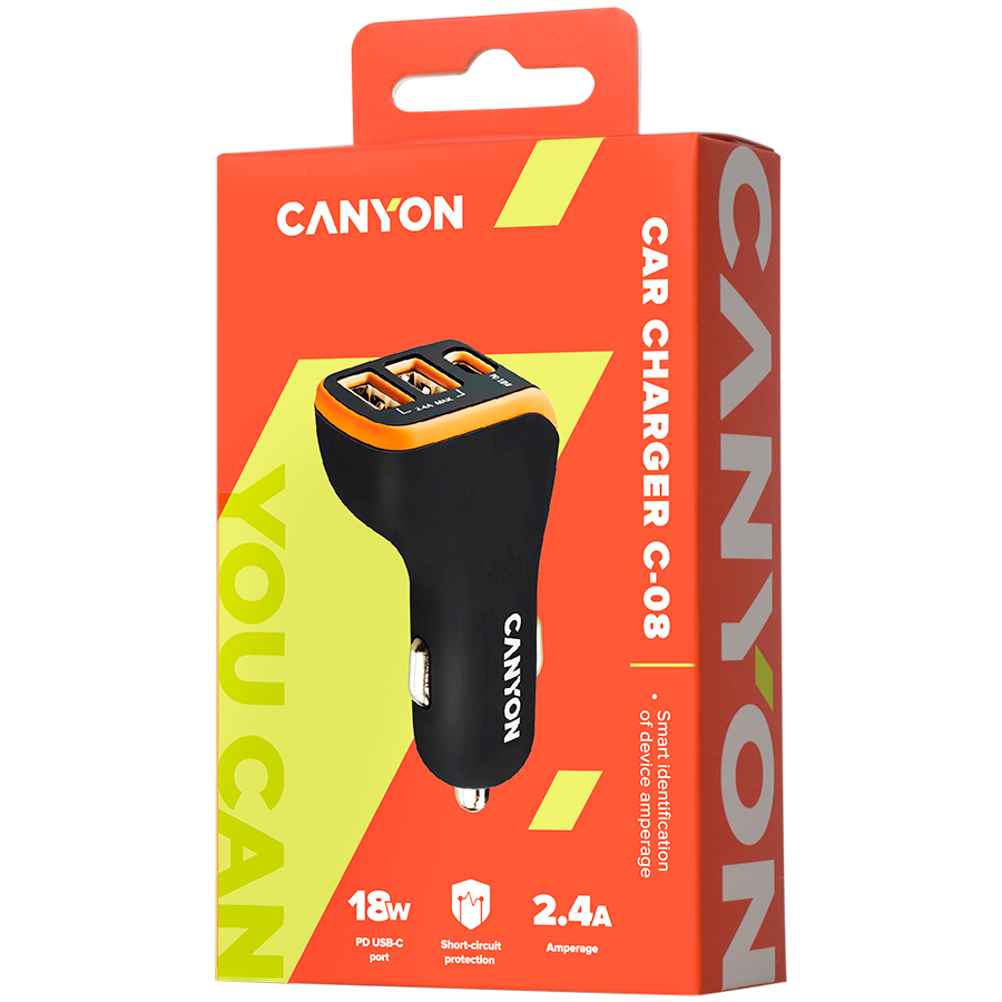 CANYON  car charger C-08 PD 18W USB-C 2USB-A Black Orange