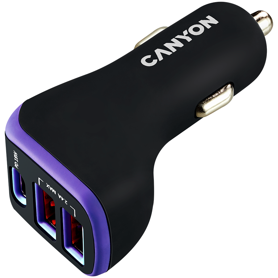 CANYON  car charger C-08 PD 18W USB-C 2USB-A Black Purple