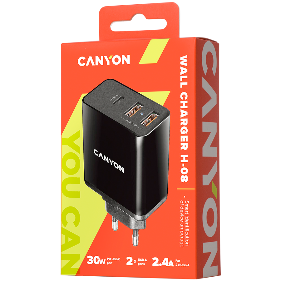 CANYON  charger H-08 PD 30W USB-C 2USB-A Black