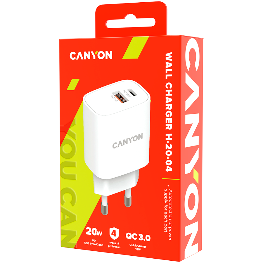 CANYON  charger H-20-04 PD 20W QC 3.0 18W USB-A USB-C White