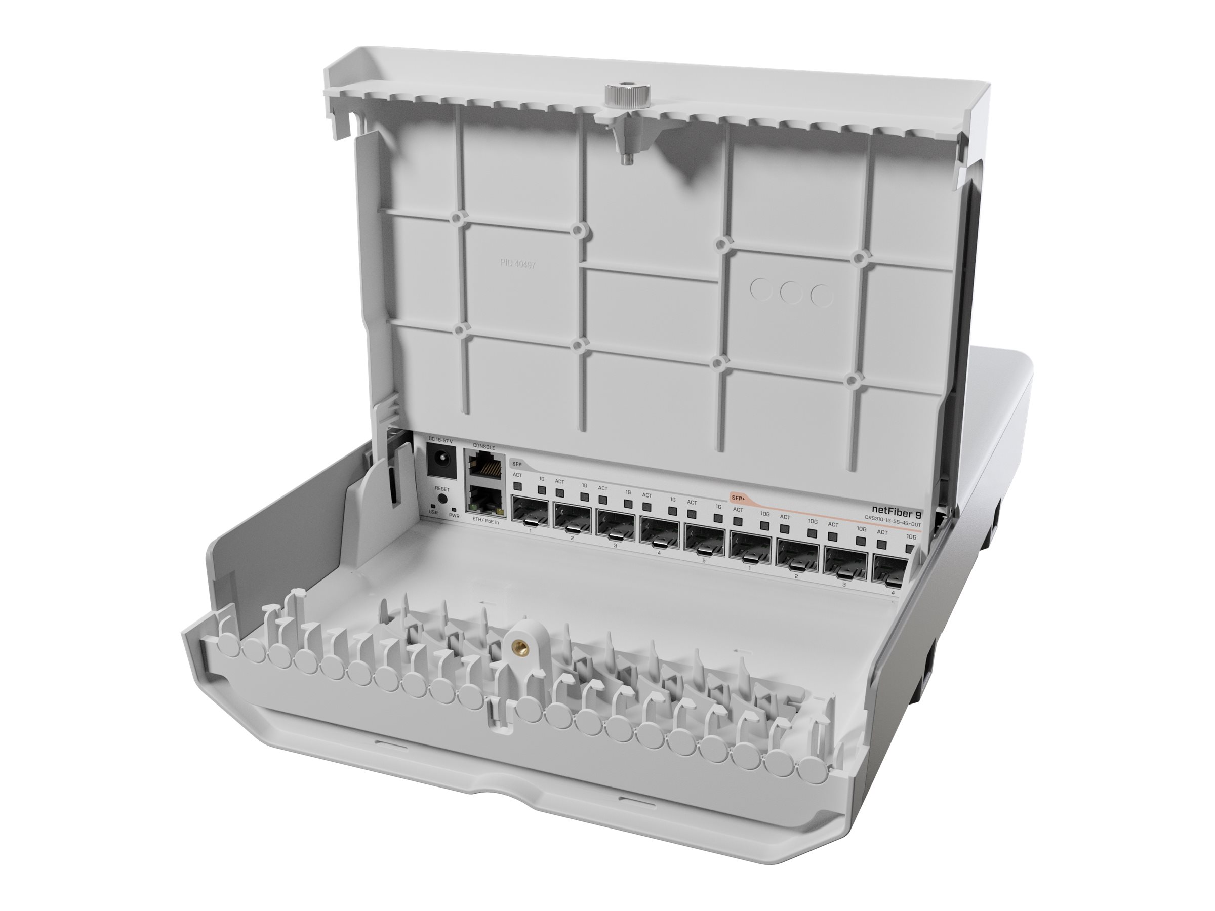 Mikrotik CRS310-1G-5S-4S+OUT netFiber 9, 1xGigabit LAN port, 5xSFP ports, 4x SFP+ ports, Serial console port (RJ45), 802.3af/at PoE in, CPU temperature monitor, Router OS, Cloud Router Switch, CRS310-1G-5S-4S+OUT, NetFiber 9, No Wi-Fi, 10/100/1000 Mbit/s, Ethernet LAN (RJ-45) ports 1, Mesh Support No, MU-MiMO No, No mobile broadband, Antenna type